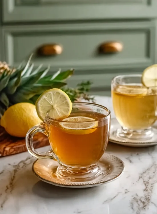 Costa Rican Tropical Tea served in a clear glass, with a light golden color, ice cubes, and garnished with a fresh mint sprig and a pineapple slice on the rim