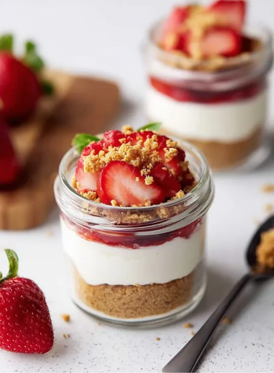 easy high protein strawberry cheesecake jar