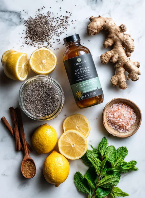 A beautifully arranged flat lay photograph of the key natural ingredients used in the recipe: a bottle of raw, unfiltered apple cider vinegar with "the mother", whole fresh lemons, ginger root, a bowl of chia seeds, a cinnamon stick, and optional raw honey, highlighting the whole food approach to natural weight loss