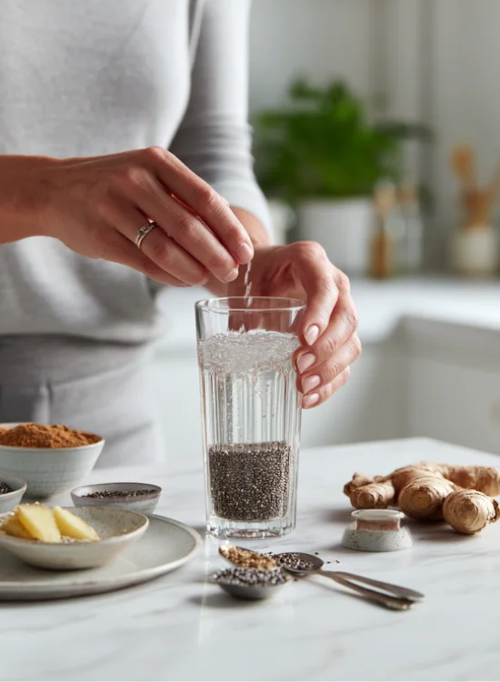 A photograph showcasing smart meal prep ideas, with small containers of pre-measured dry ingredients like cinnamon and chia seeds, alongside a batch of pre-mixed liquid components (apple cider vinegar and lemon juice) stored in a glass bottle in the refrigerator. This highlights the convenience and batch preparation tips for busy schedules