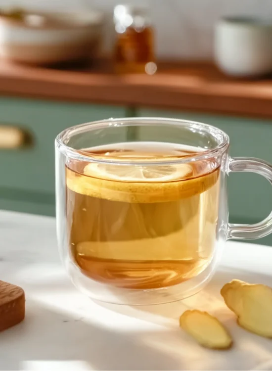 Natural Mounjaro Recipe – A glass of warm detox drink with lemon slices and ginger