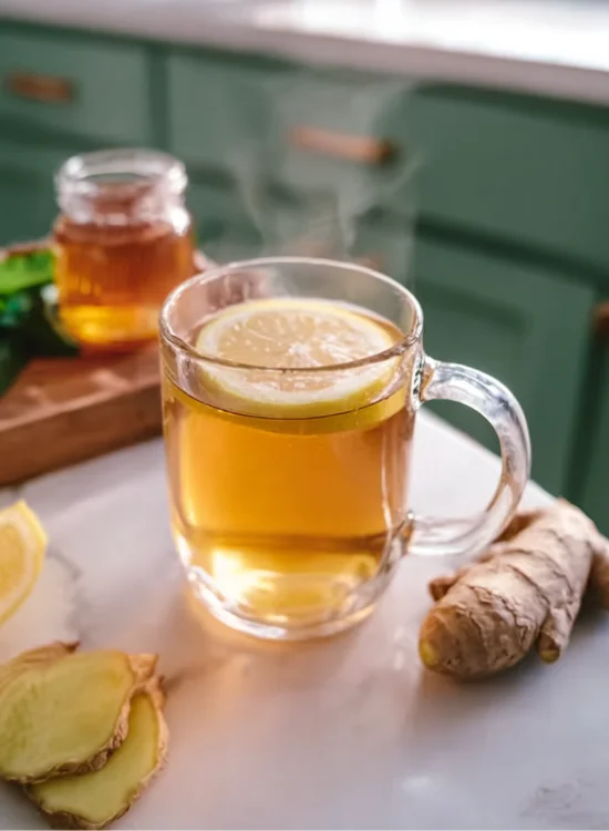 Natural Mounjaro Recipe – Detox drink with grated ginger, lemon, and honey in a clear cup
