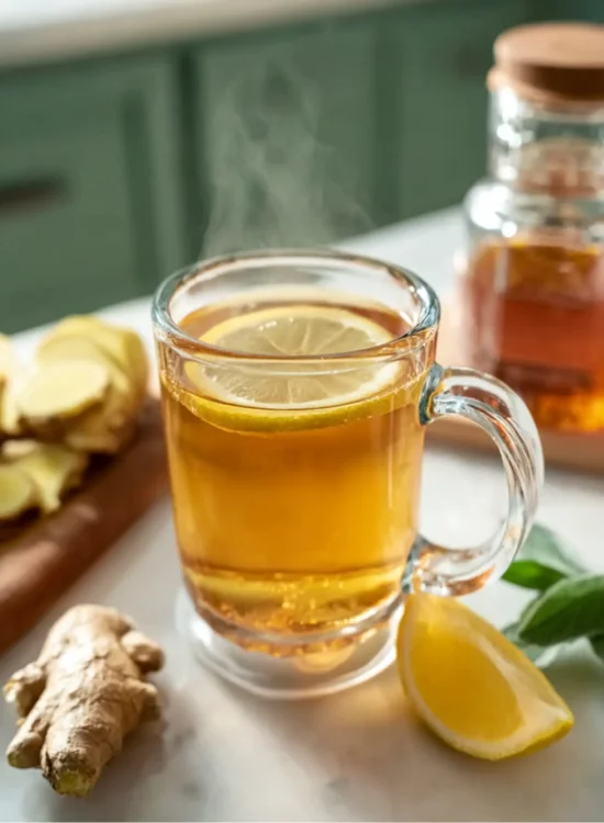 Natural Mounjaro Recipe – Homemade weight loss drink with lemon wedges and a wooden honey dipper.