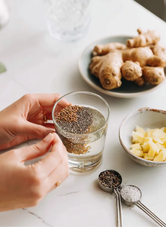 A multi-panel image or collage demonstrating the easy-to-follow preparation instructions for the natural Zepbound drink, showing sequential steps such as pre-soaking chia seeds, grating fresh ginger, combining liquid ingredients, and stirring everything together to ensure even distribution