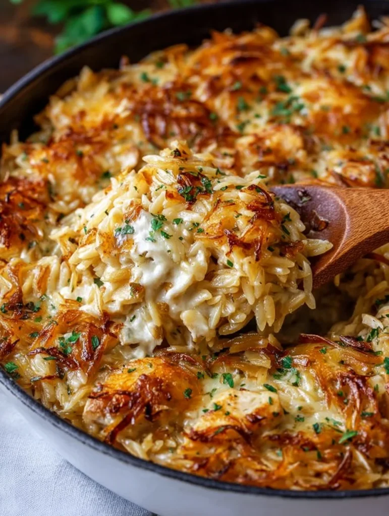 French Onion Chicken Orzo Casserole