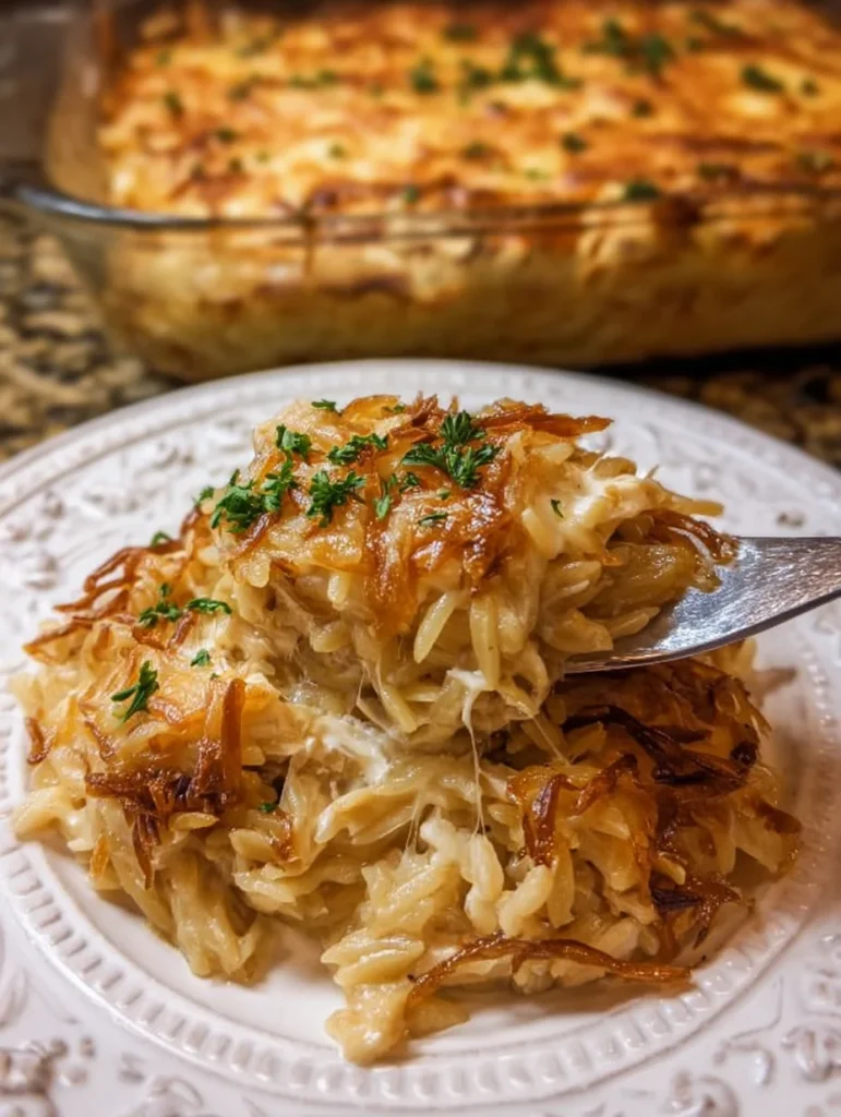 French Onion Chicken Orzo Casserole