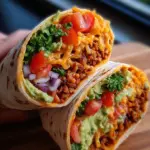 Two vegan burrito wraps sliced in half showing black beans, corn, rice, and avocado.
