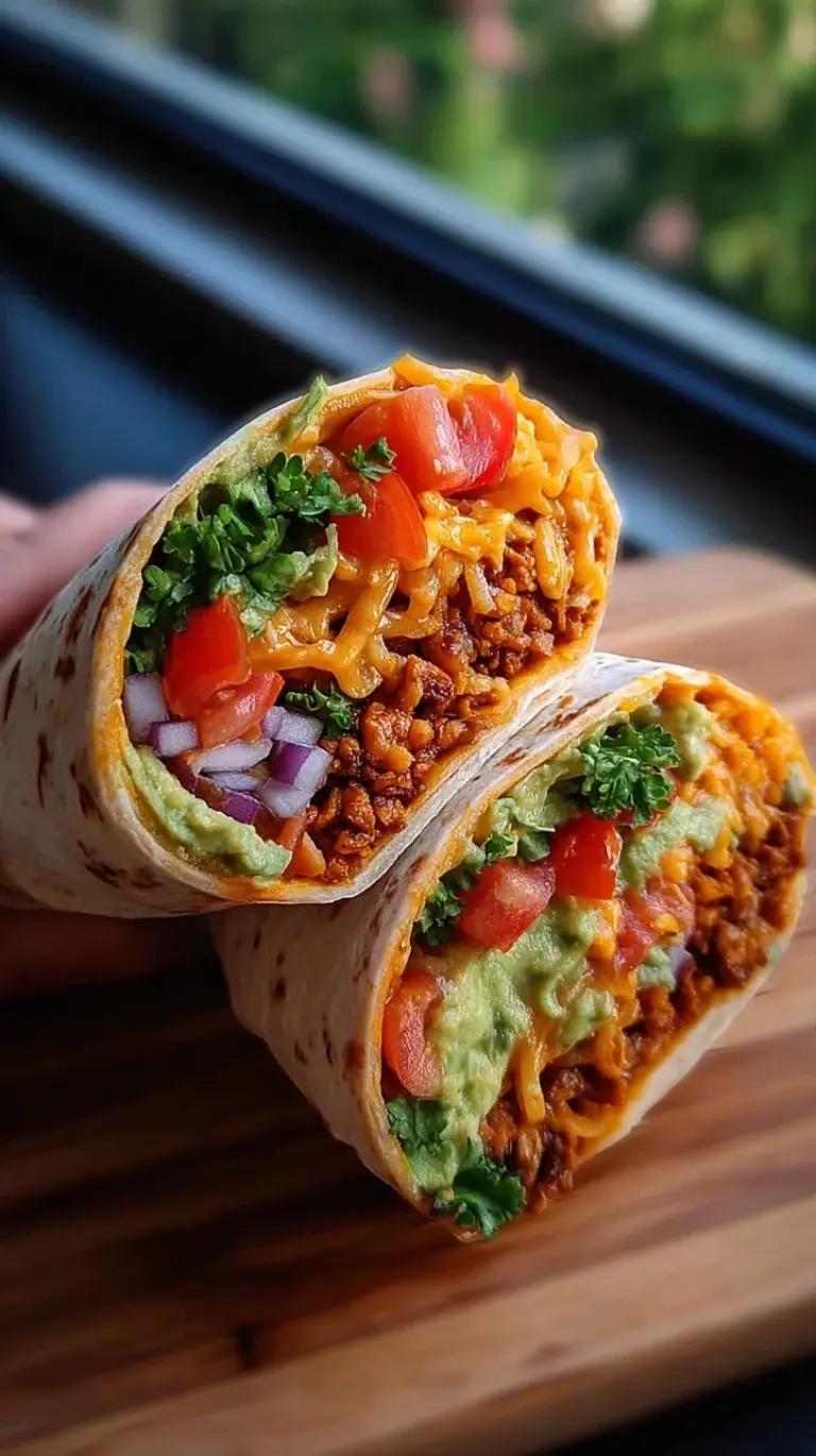 Two vegan burrito wraps sliced in half showing black beans, corn, rice, and avocado.