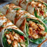 Fresh Thai peanut chicken wraps sliced on a white plate with colorful vegetables and creamy sauce.