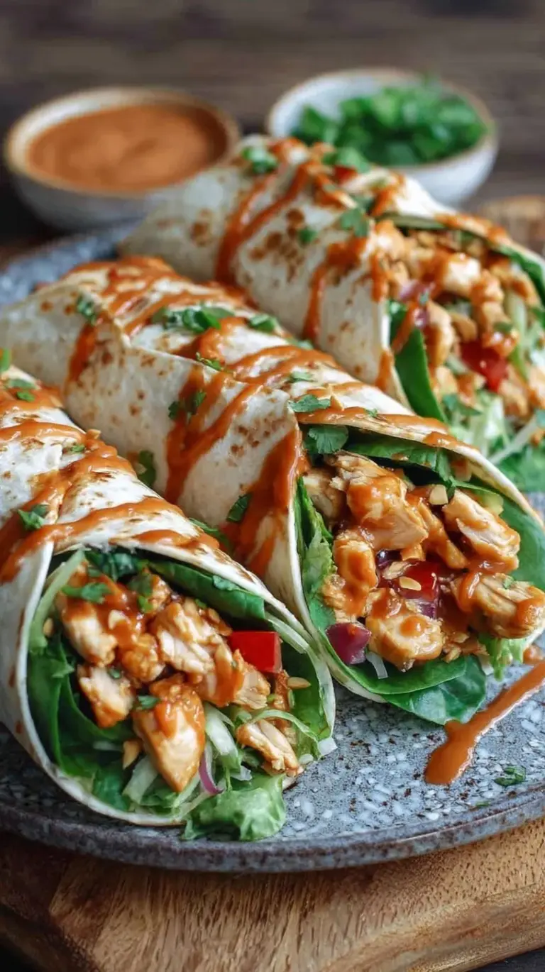 Fresh Thai peanut chicken wraps sliced on a white plate with colorful vegetables and creamy sauce.