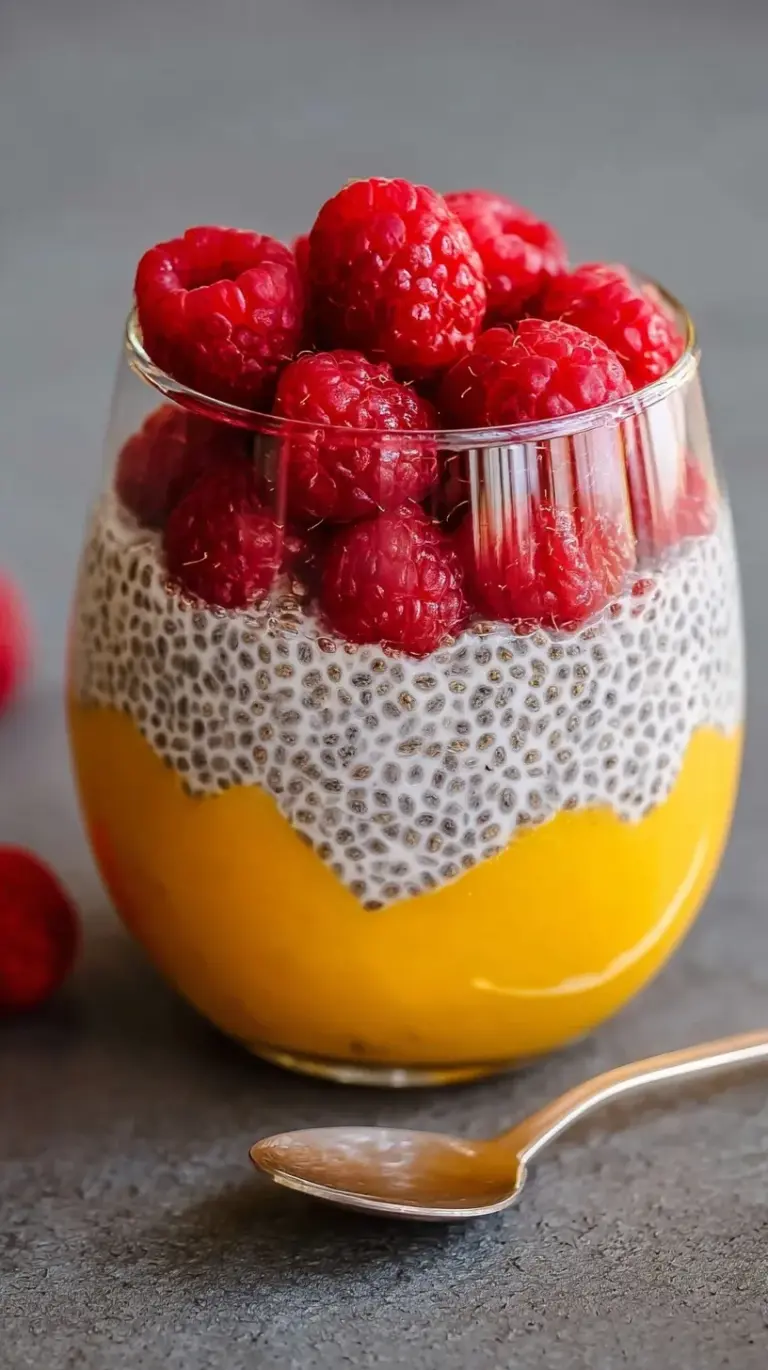 A glass jar filled with creamy chia pudding topped with bright orange mango chunks and red raspberries.