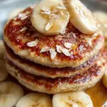 A stack of golden brown banana oatmeal pancakes topped with fresh banana slices and a drizzle of syrup on a white plate.
