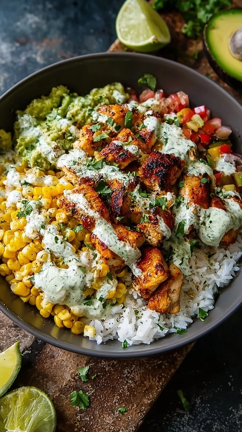 A colorful bowl with seasoned chicken, charred corn, white rice, and lime crema garnish.