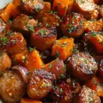 A sheet pan filled with roasted sausage rounds and golden sweet potato cubes glazed in honey garlic sauce.