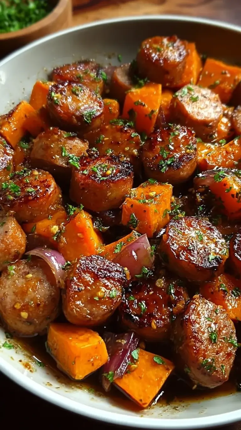 A sheet pan filled with roasted sausage rounds and golden sweet potato cubes glazed in honey garlic sauce.