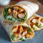 Two golden brown crispy chicken wraps sliced on a wooden board with melted mozzarella