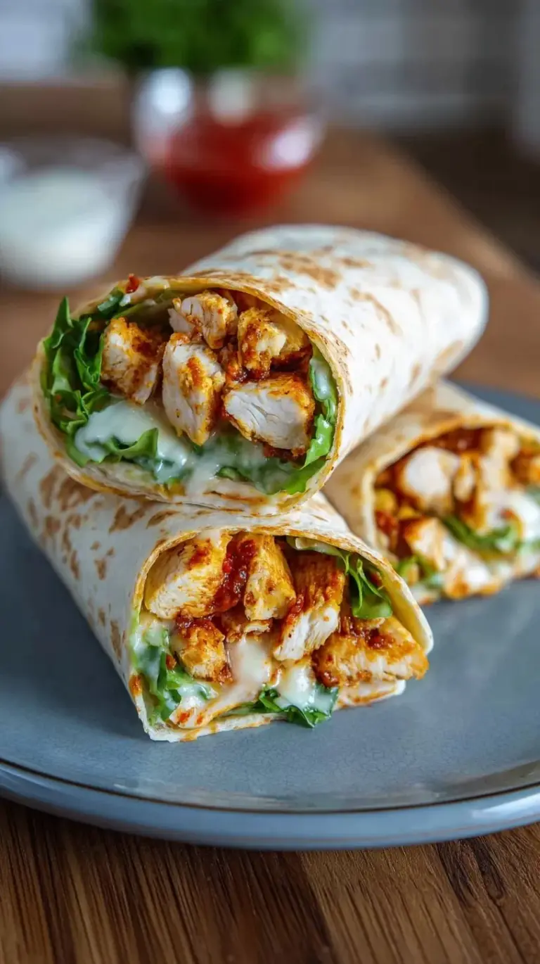 Two golden brown crispy chicken wraps sliced on a wooden board with melted mozzarella