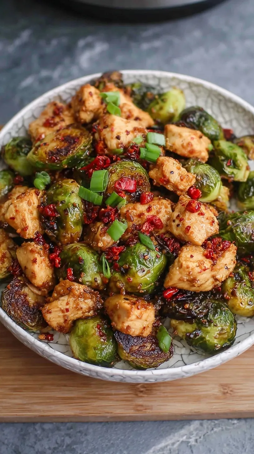 A bowl of crispy air-fried chicken cubes and halved Brussels sprouts glazed in sweet chili sauce with sesame seeds.