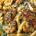 A bowl of creamy garlic parmesan chicken pasta with spinach and whole wheat penne