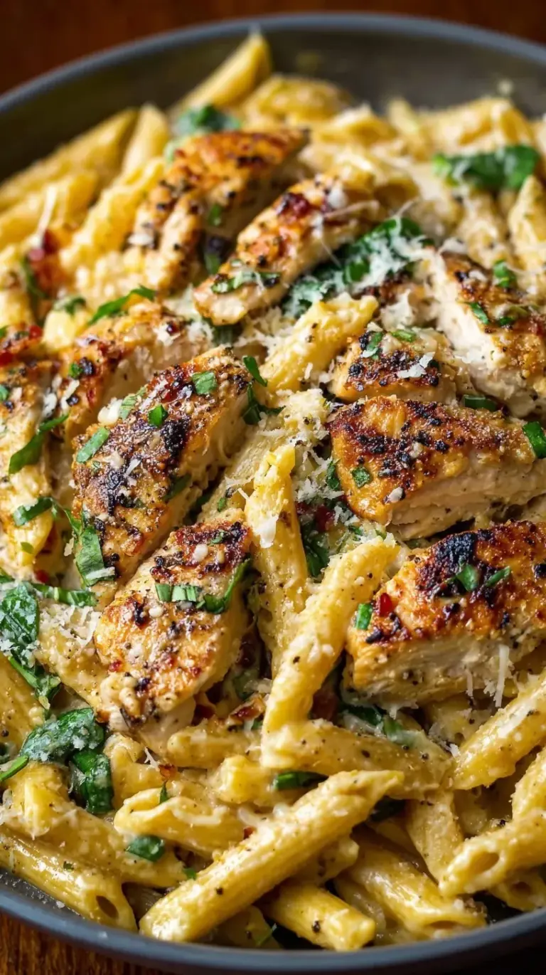 A bowl of creamy garlic parmesan chicken pasta with spinach and whole wheat penne