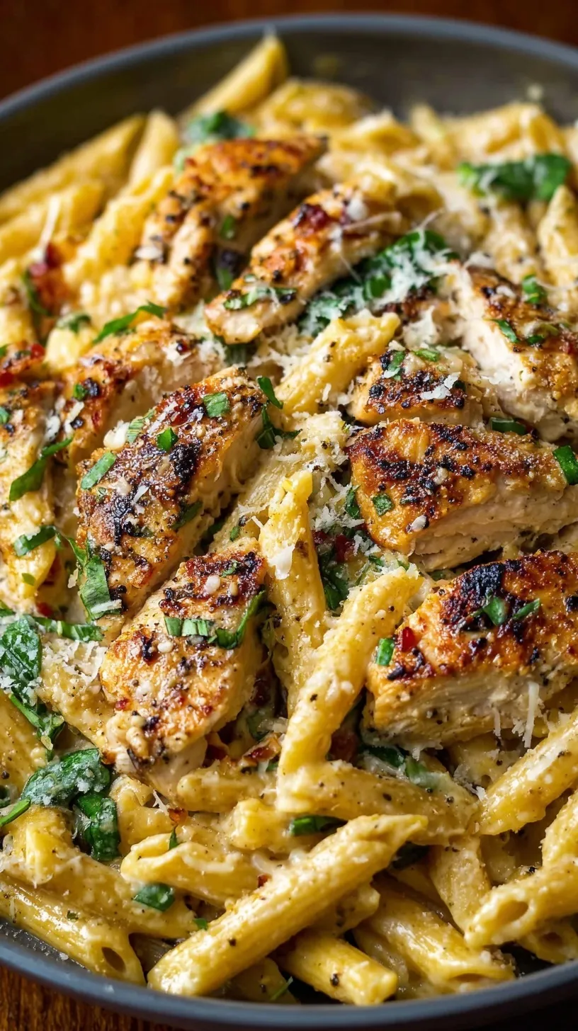 A bowl of creamy garlic parmesan chicken pasta with spinach and whole wheat penne