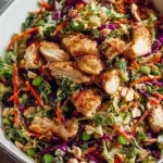 A vibrant Asian Chicken Crunch Salad with shredded cabbage, edamame, and toasted almonds in a large bowl.