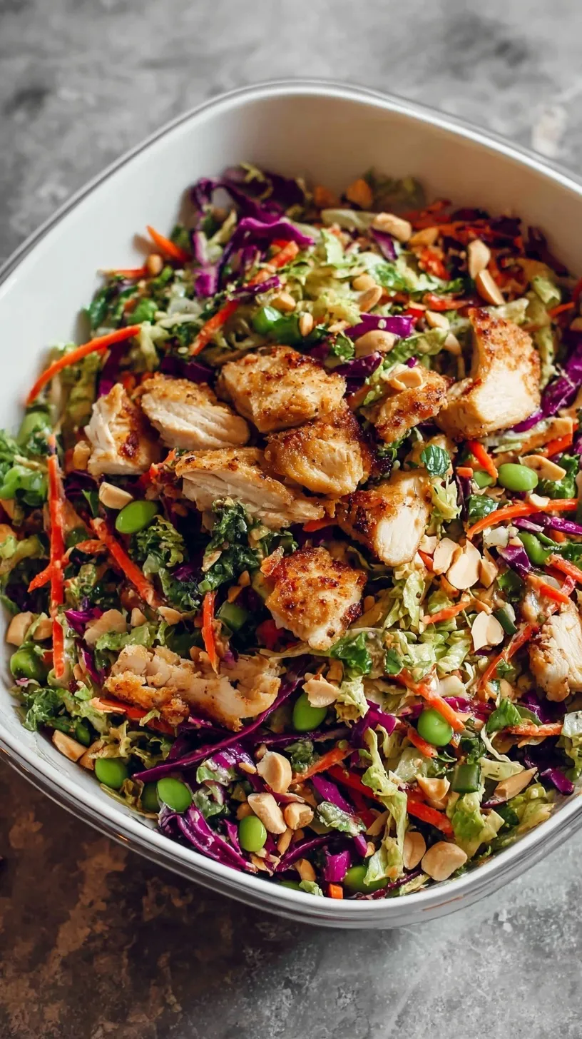 A vibrant Asian Chicken Crunch Salad with shredded cabbage, edamame, and toasted almonds in a large bowl.