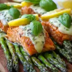 Elegant salmon rolls wrapped around green asparagus spears with fresh basil and lemon