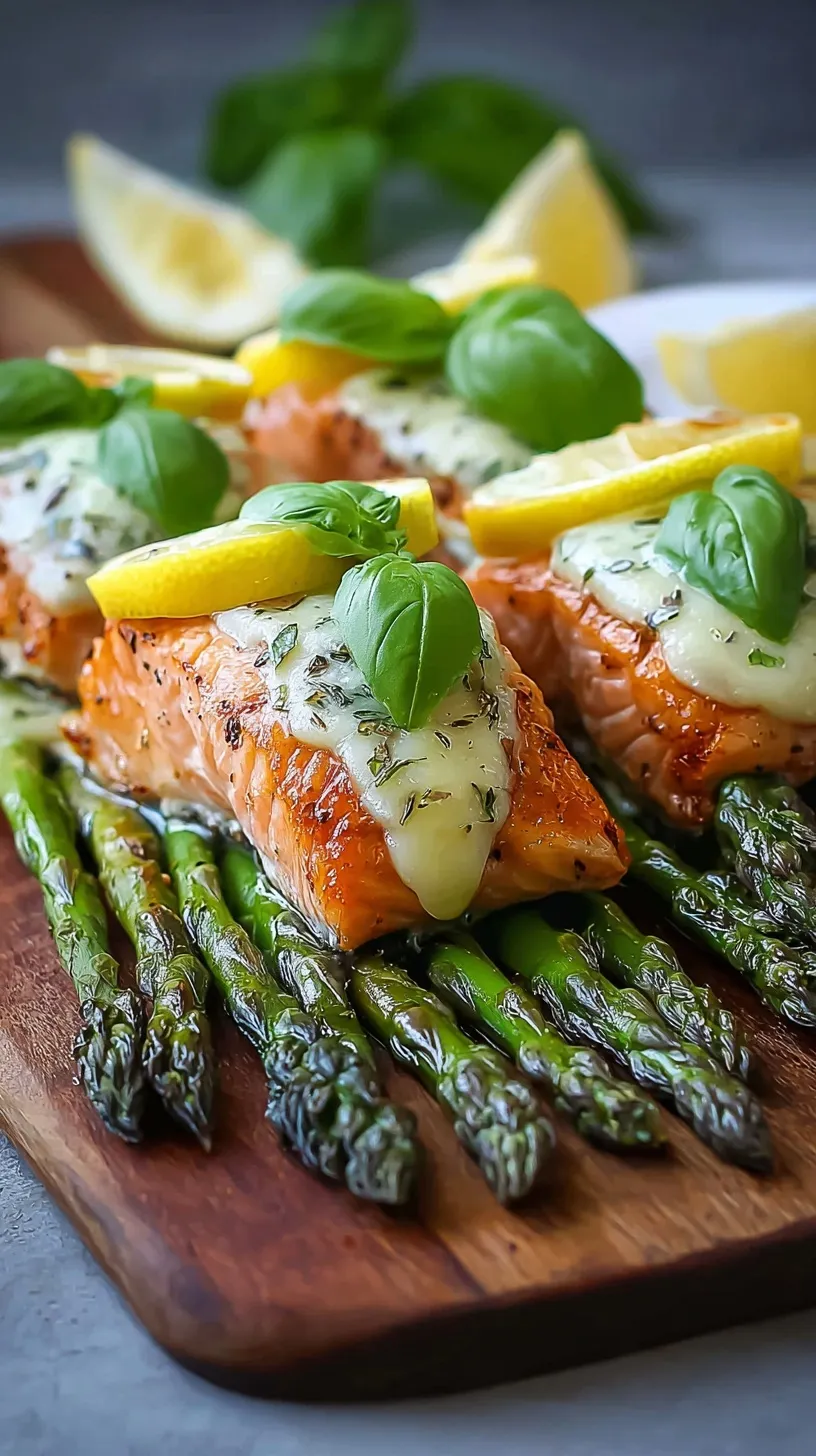 Elegant salmon rolls wrapped around green asparagus spears with fresh basil and lemon