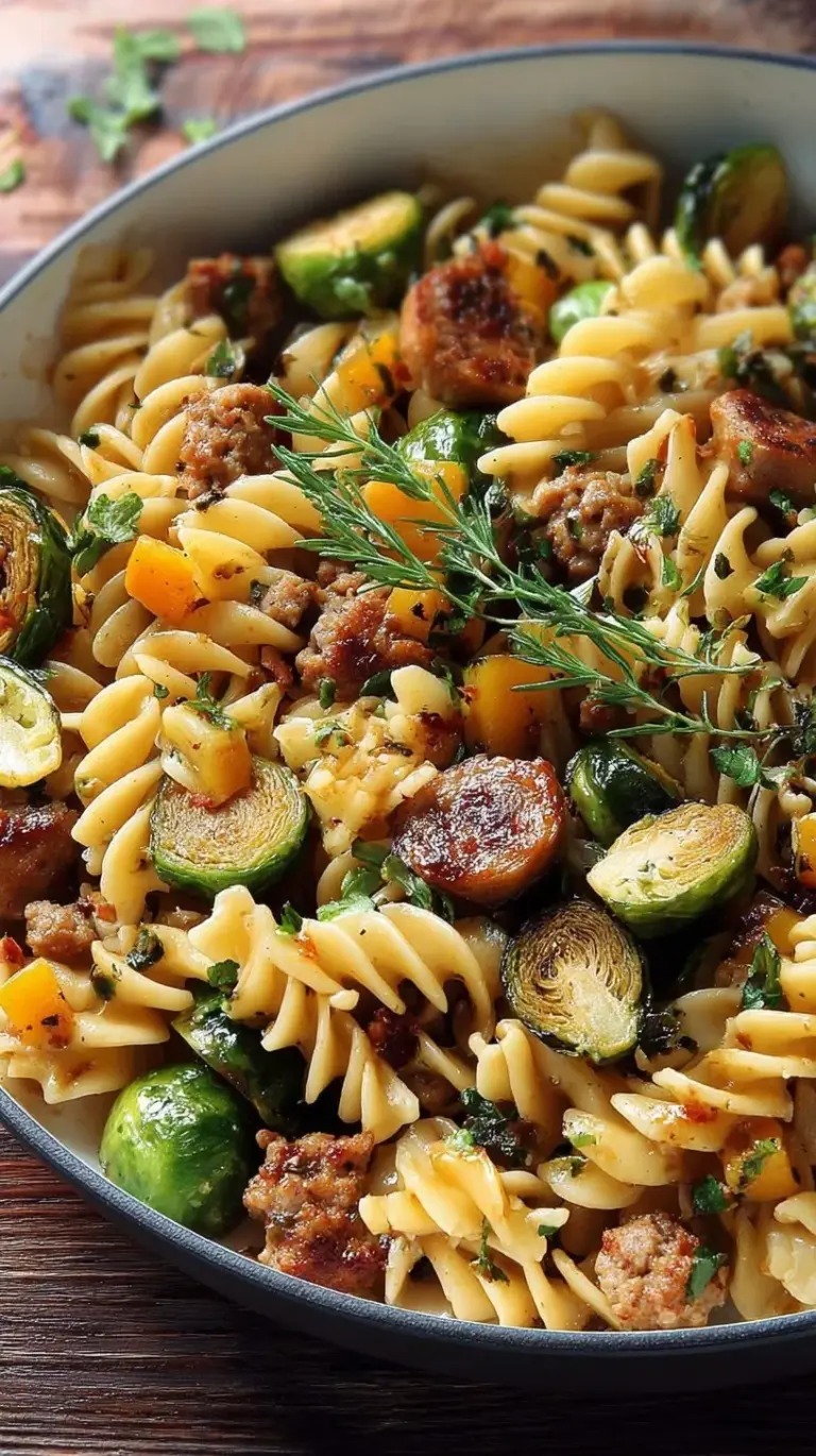 A white bowl filled with penne pasta, browned Italian sausage, and caramelized Brussels sprouts topped with parmesan cheese.