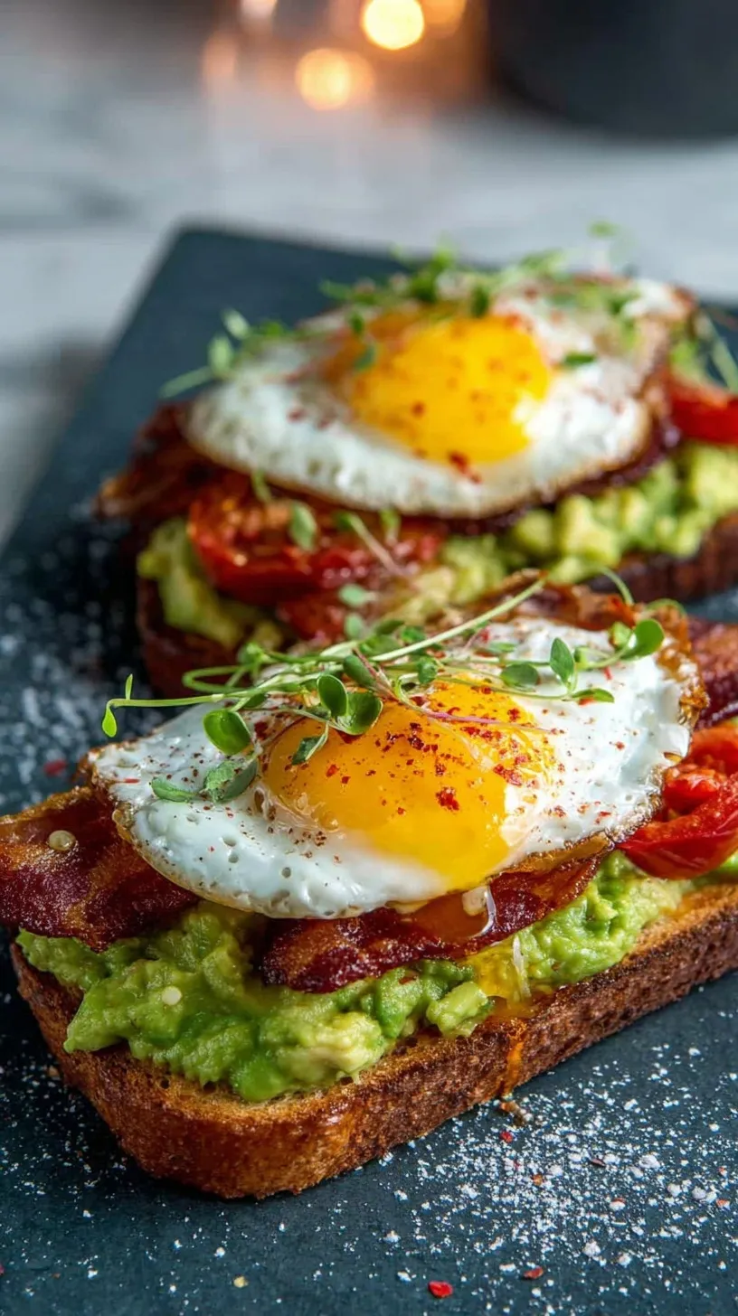 Toasted sourdough topped with smashed avocado, crispy bacon, and a runny fried egg