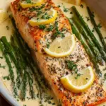 Golden baked boursin salmon fillets on a baking sheet with lemon wedges and fresh parsley