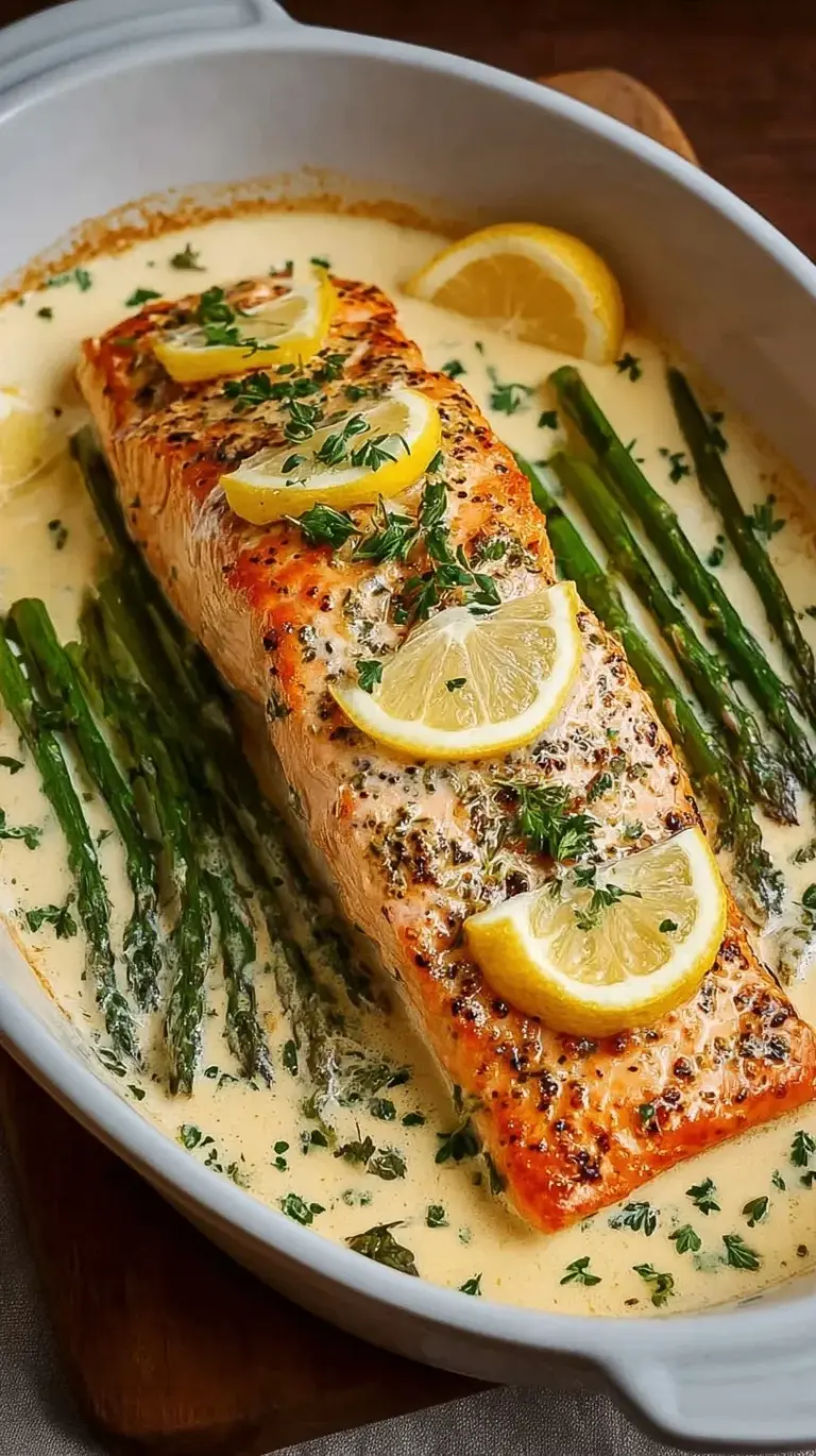 Golden baked boursin salmon fillets on a baking sheet with lemon wedges and fresh parsley