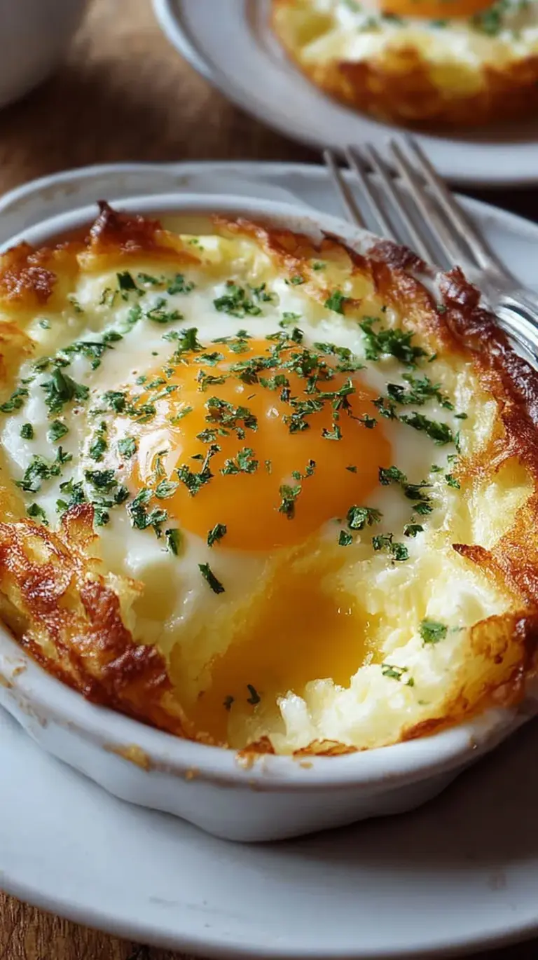A golden brown dish of sliced baked cottage cheese eggs on a wooden table.