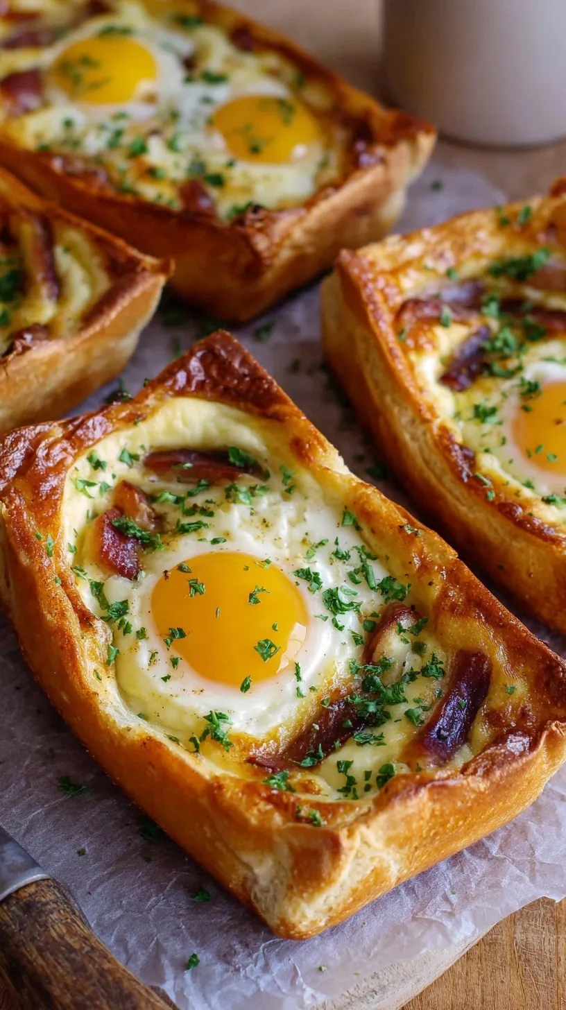 Golden baked baguette boats filled with fluffy eggs, melted cheddar cheese, and savory sausage.