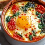 A white baking dish containing four baked eggs nestled in wilted spinach, blistered cherry tomatoes, and melted feta cheese.