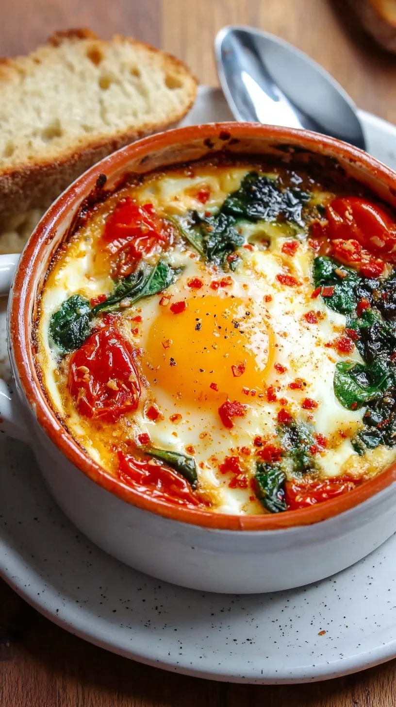 A white baking dish containing four baked eggs nestled in wilted spinach, blistered cherry tomatoes, and melted feta cheese.