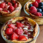 Six golden baked protein pancake bowls topped with fresh blueberries in a muffin tin