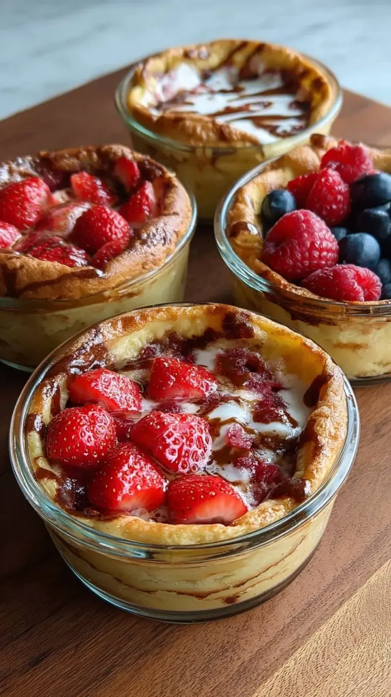 Six golden baked protein pancake bowls topped with fresh blueberries in a muffin tin