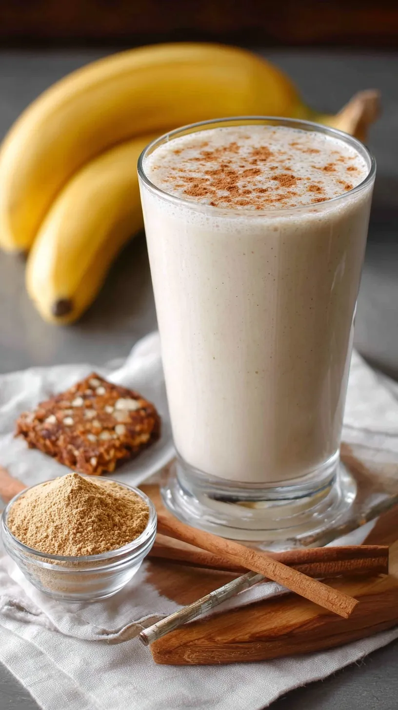 A creamy banana bread protein shake in a glass topped with walnuts and cinnamon