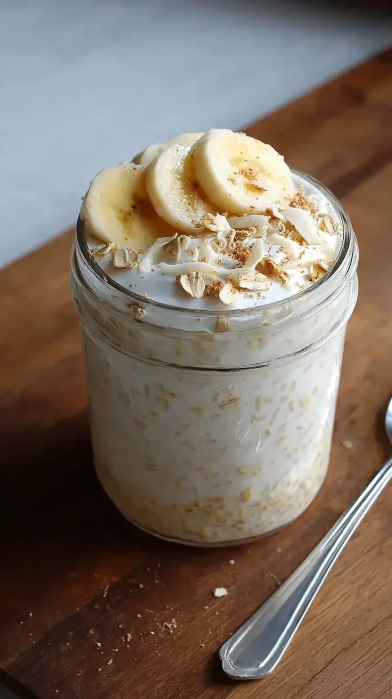 Two mason jars filled with creamy banana cream pie overnight oats topped with fresh banana slices.
