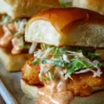 Golden brown Bang Bang Chicken Sliders on toasted brioche buns with crunchy cabbage slaw