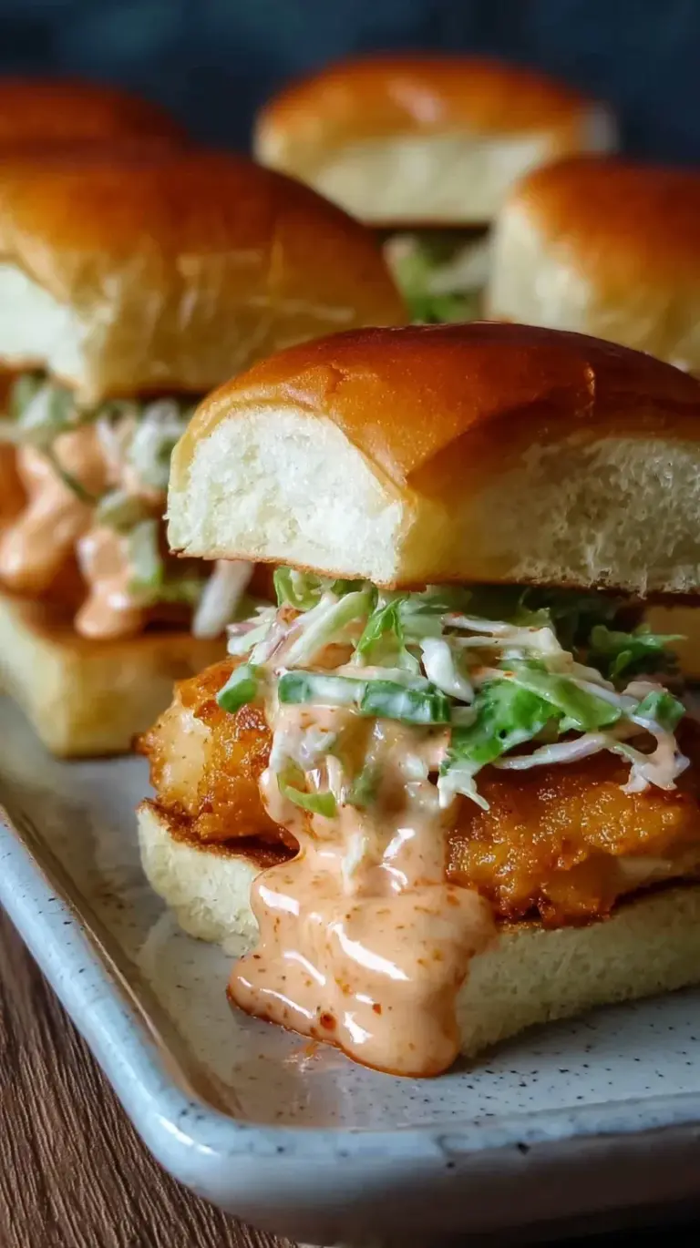Golden brown Bang Bang Chicken Sliders on toasted brioche buns with crunchy cabbage slaw