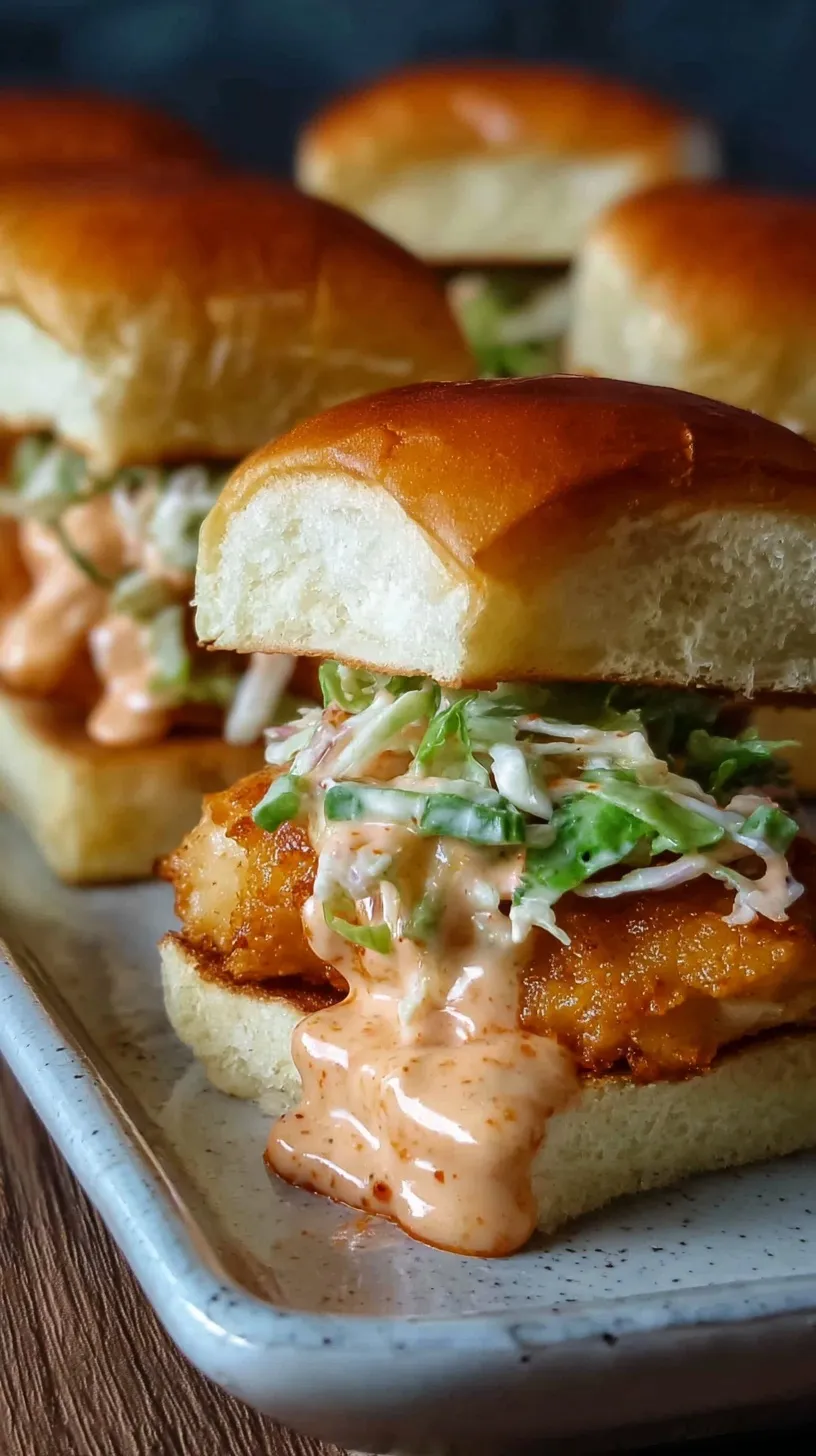 Golden brown Bang Bang Chicken Sliders on toasted brioche buns with crunchy cabbage slaw