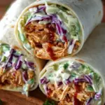 Close up of a sliced BBQ chicken wrap showing colorful coleslaw and tangy shredded chicken