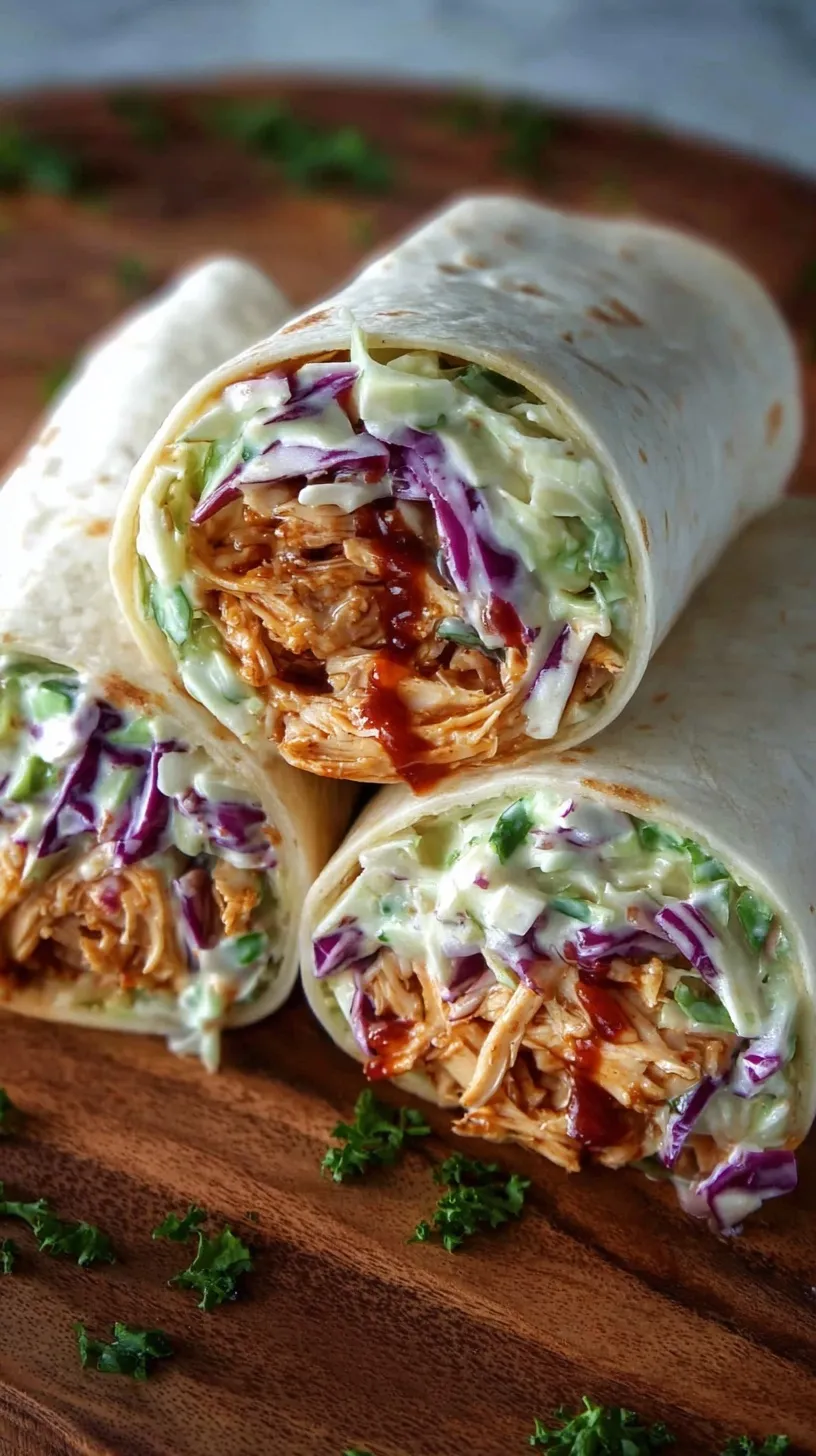 Close up of a sliced BBQ chicken wrap showing colorful coleslaw and tangy shredded chicken