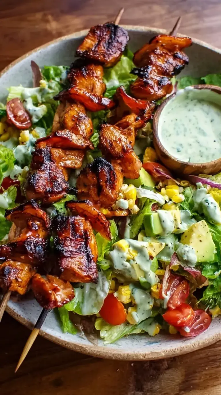 Grilled BBQ chicken skewers served over a fresh green salad with creamy avocado dressing drizzled on top.