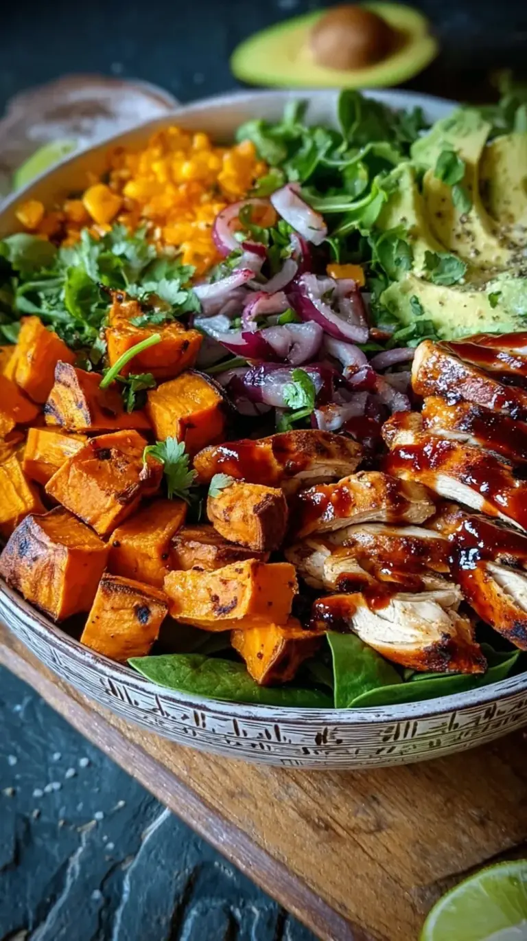 A colorful BBQ chicken sweet potato bowl with roasted potatoes, black beans, and corn.
