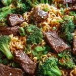 A close-up shot of Beef and Broccoli Ramen Stir Fry in a dark bowl with chopsticks and sesame seeds.