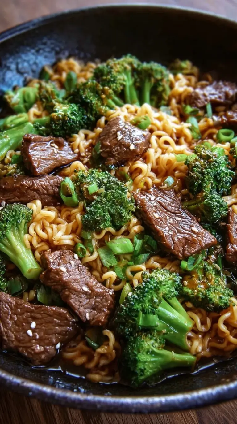 A close-up shot of Beef and Broccoli Ramen Stir Fry in a dark bowl with chopsticks and sesame seeds.